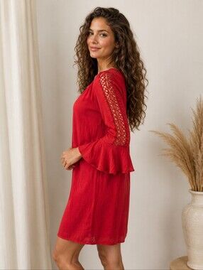 New red crochet accents bell sleeves dress Indigo Rose Fairygrunge NWT Sz S